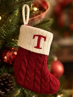 St. Nicholas Square Monogram Red Knit Christmas Stocking Ornament Letter T